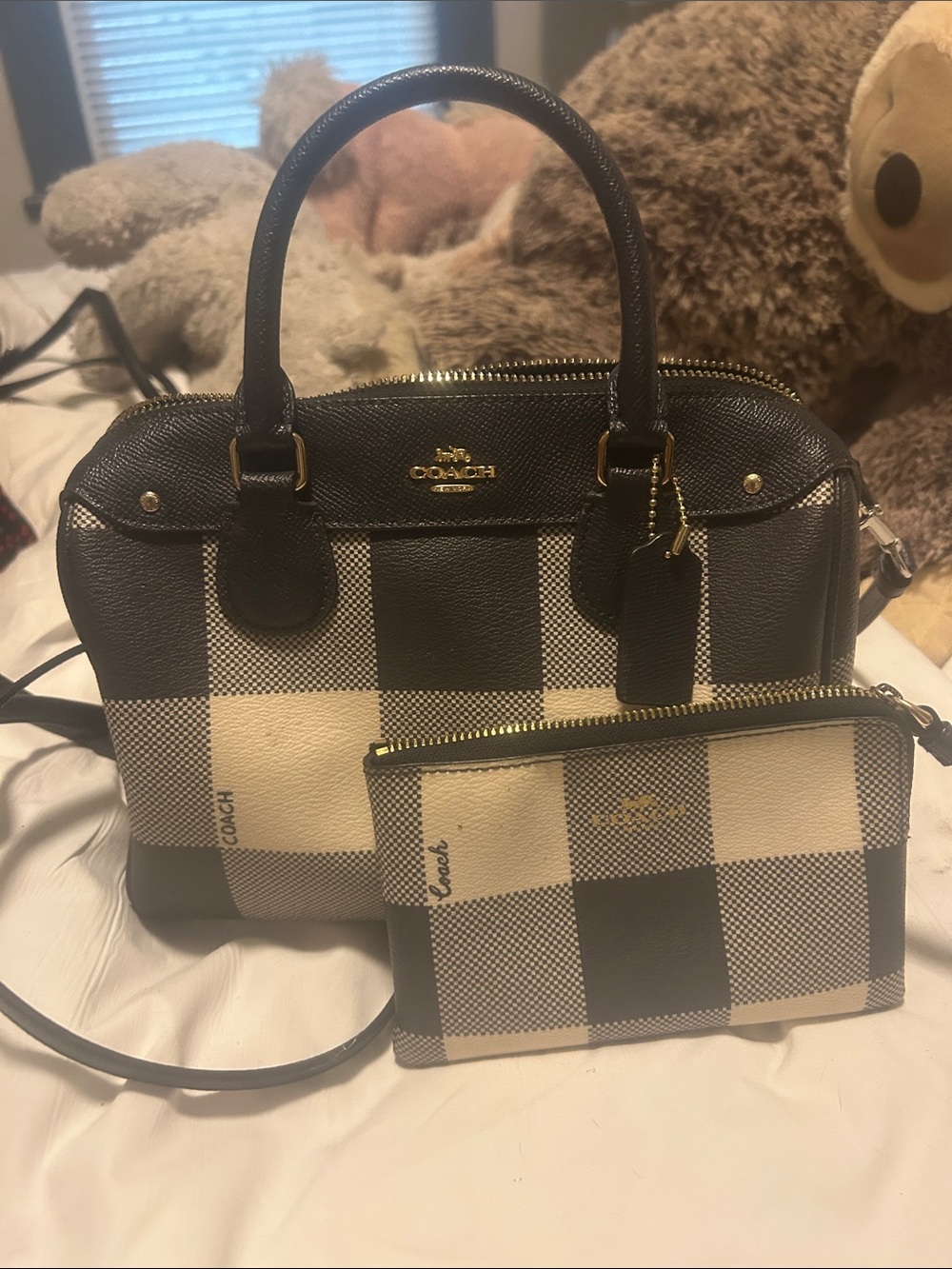 Coach Black & Cream Check Dome Satchel with Matching Pouch